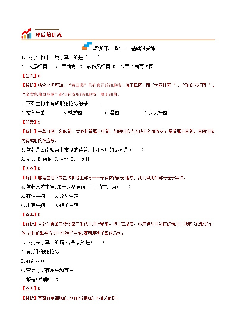 【培优分级练】人教版生物八年级上册 5.4.3《真菌》同步分级练(含解析)02