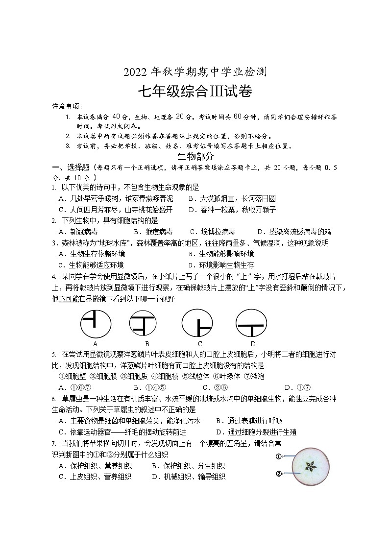 江苏省盐城市大丰区2022-2023学年七年级上学期 期中学业检测生物试卷(含答案)第1页