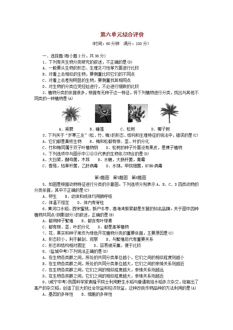 2022八年級(jí)生物上冊(cè)第六單元生物的多樣性及其保護(hù)綜合評(píng)價(jià)新版新人教版第1頁(yè)