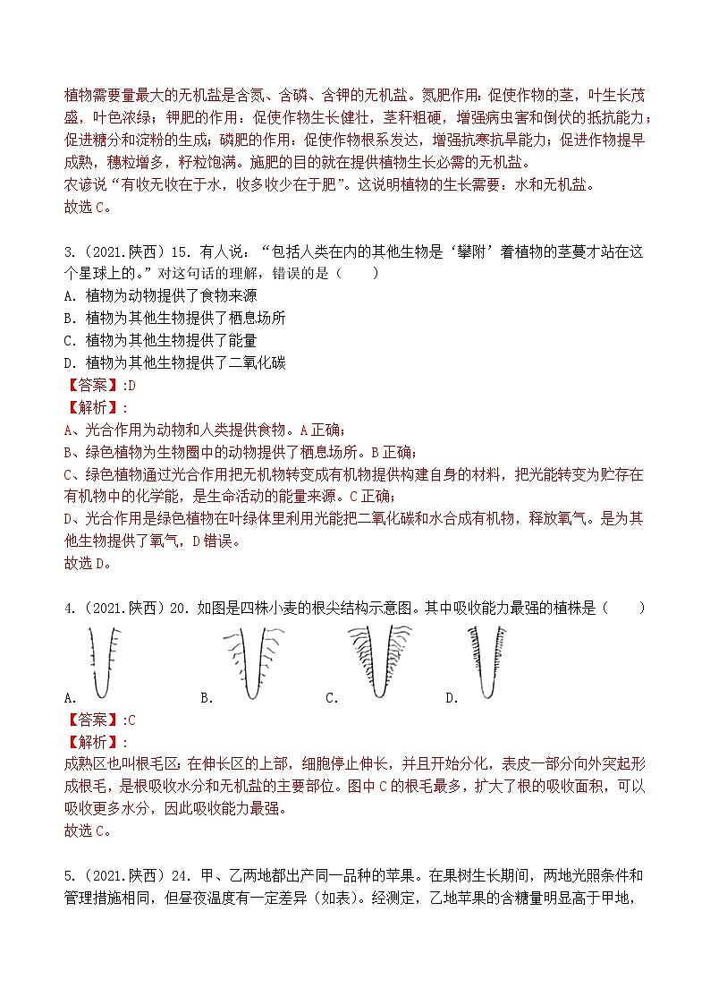 专题03 生物圈中的绿色植物-5年(2018-2022)中考1年模拟生物分项汇编(陕西专用)(解析版)第2页