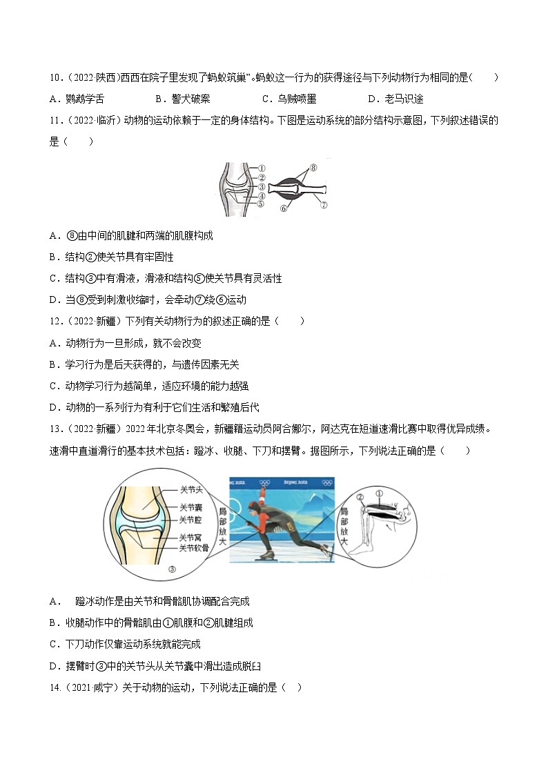 2020-2022年全国中考生物3年真题汇编 专题08 动物的运动和行为(学生卷+教师卷)03