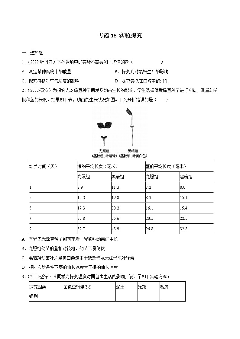专题15 实验探究-三年(2020-2022)中考生物真题分项汇编(全国通用)(原卷版)第1页