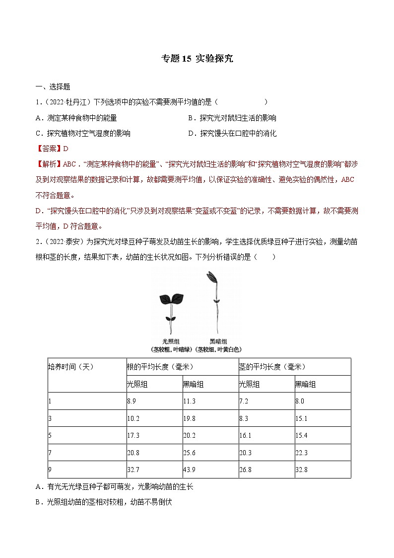 专题15 实验探究-三年(2020-2022)中考生物真题分项汇编(全国通用)(解析版)第1页