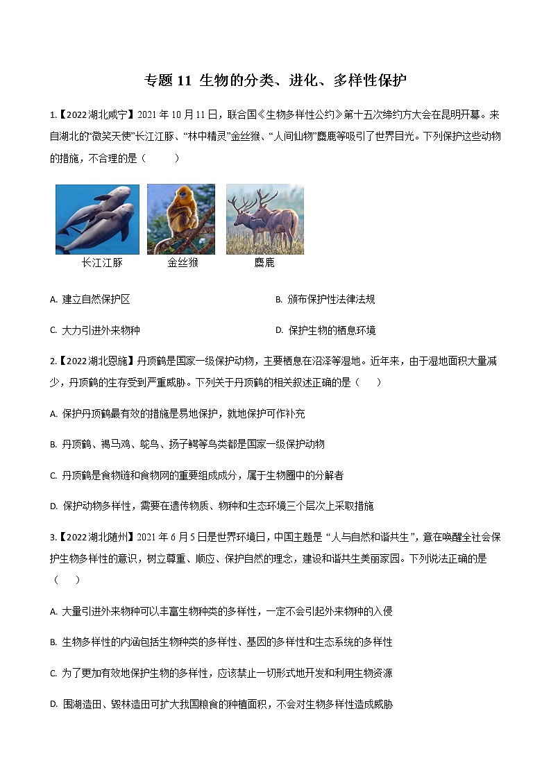 2020-2022年湖北中考生物3年真题汇编 专题11 生物的分类、进化、多样性保护(学生卷+教师卷)01