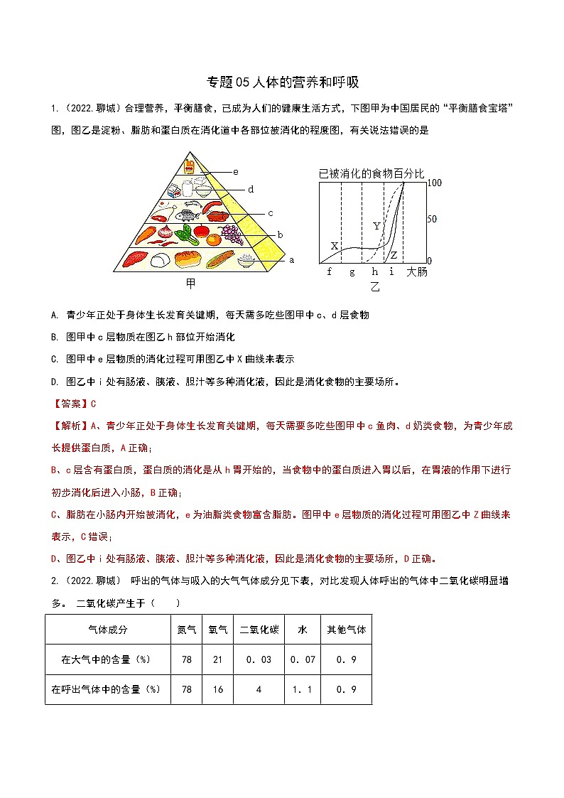 专题05 人体的营养和呼吸-三年(2020-2022)中考生物真题分项汇编(山东专用)(解析版)第1页