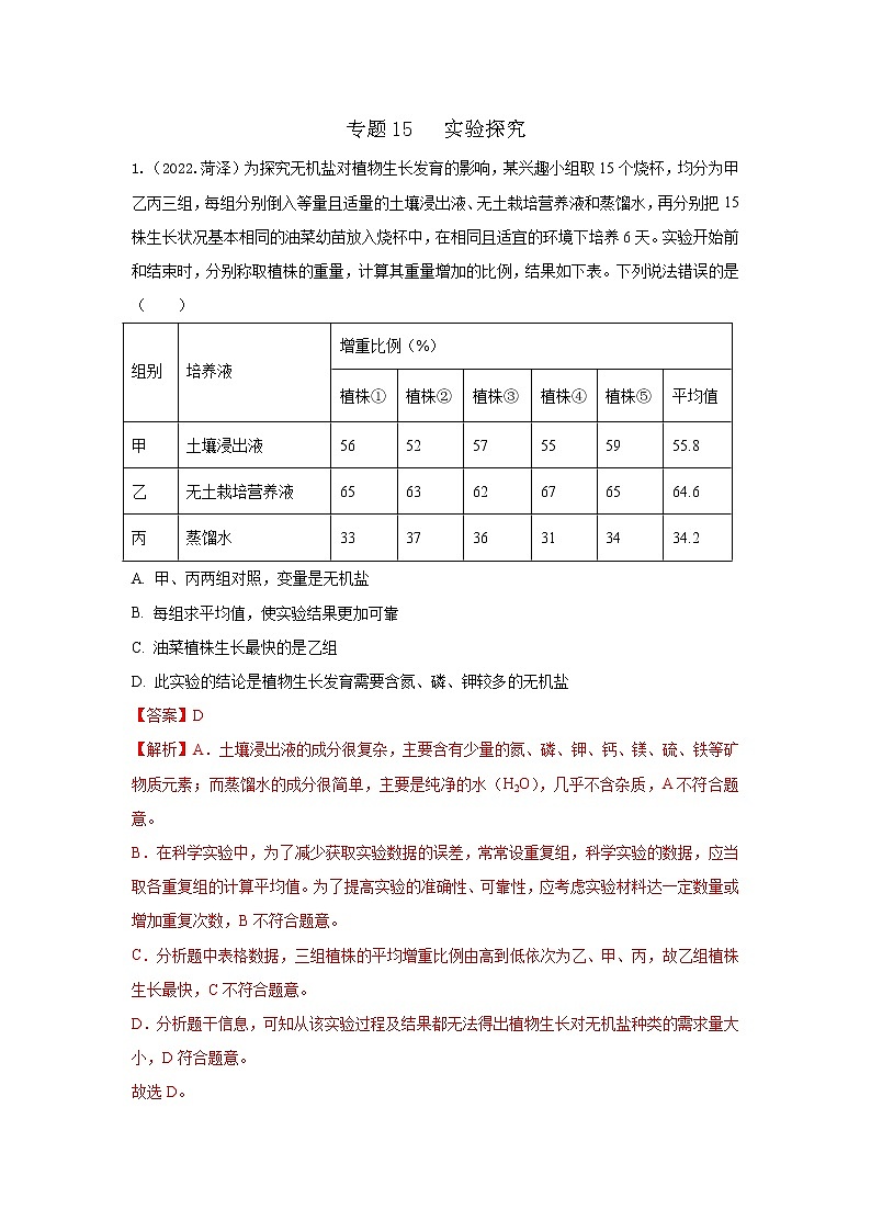 2020-2022年山东中考生物3年真题汇编 专题15 实验探究(学生卷+教师卷)01