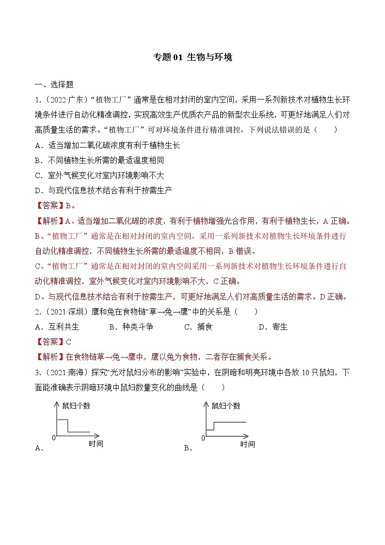 2020-2022年广东中考生物3年真题汇编 专题01 生物与环境(学生卷+教师卷)01