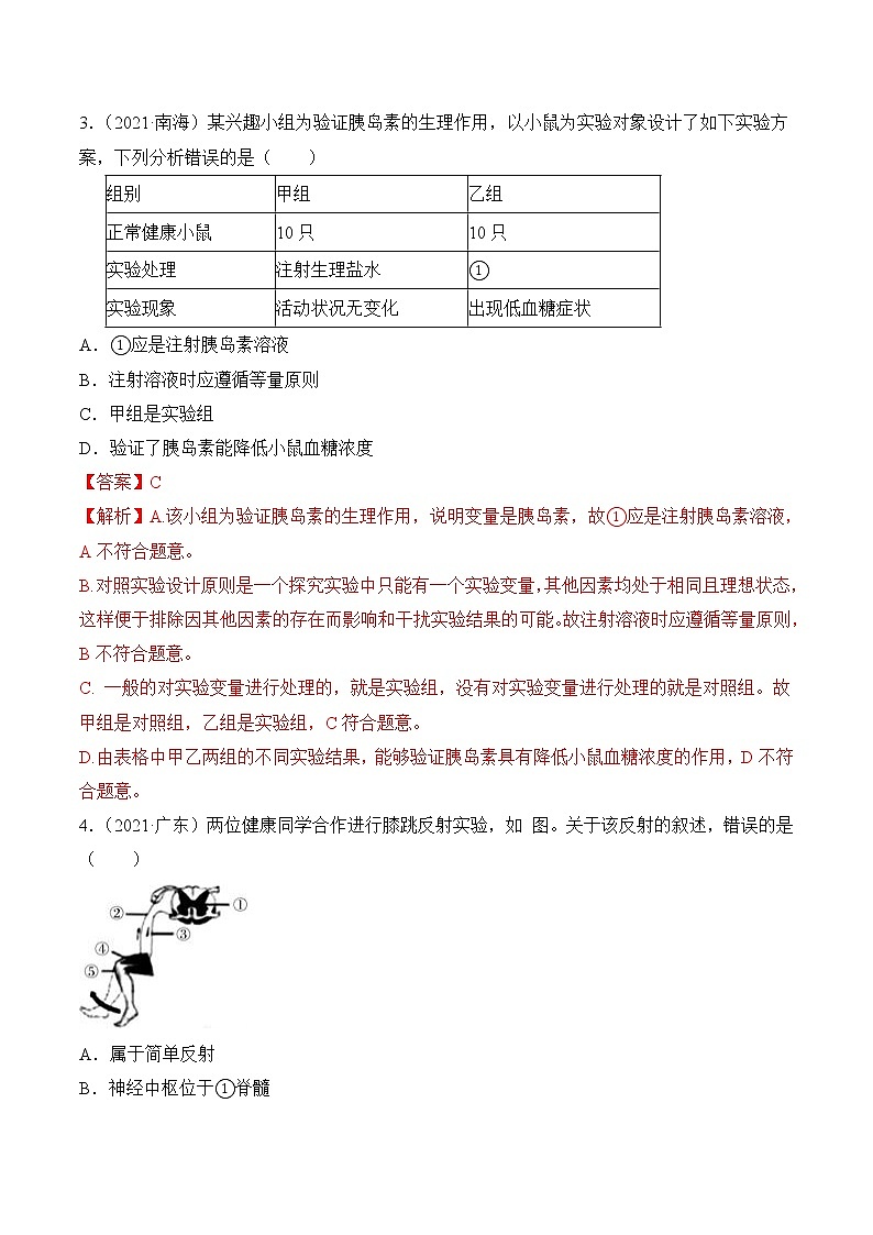 2020-2022年广东中考生物3年真题汇编 专题06 人体生命活动的调节(学生卷+教师卷)02