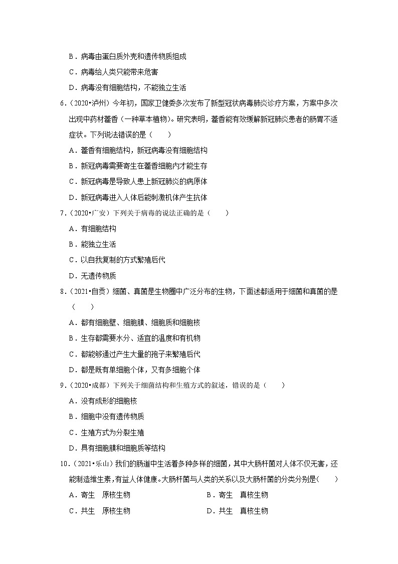 专题09 植物动物和微生物类群-三年(2020-2022)中考生物真题分项汇编(四川专用)(原卷版)第2页