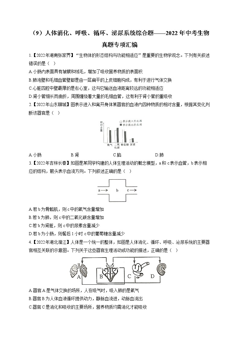 (9)人体消化、呼吸、循环、泌尿系统综合题——2022年中考生物真题专项汇编01