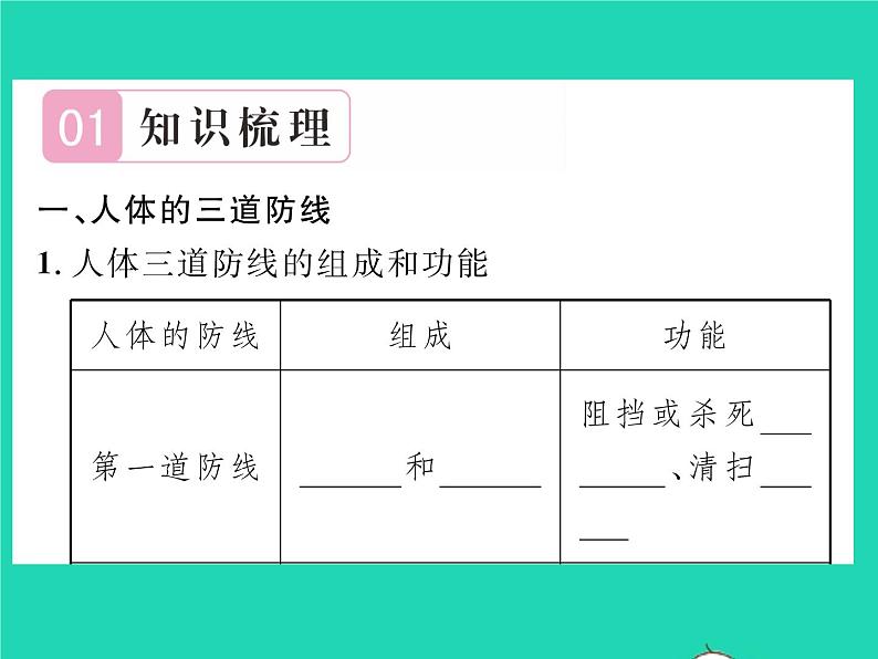 2022八年级生物下册第八单元降地生活第一章传染病和免疫第二节免疫与计划免疫第1课时人体的三道防线习题课件新版新人教版02