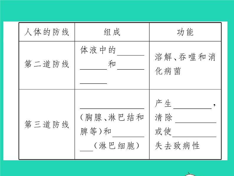 2022八年级生物下册第八单元降地生活第一章传染病和免疫第二节免疫与计划免疫第1课时人体的三道防线习题课件新版新人教版03