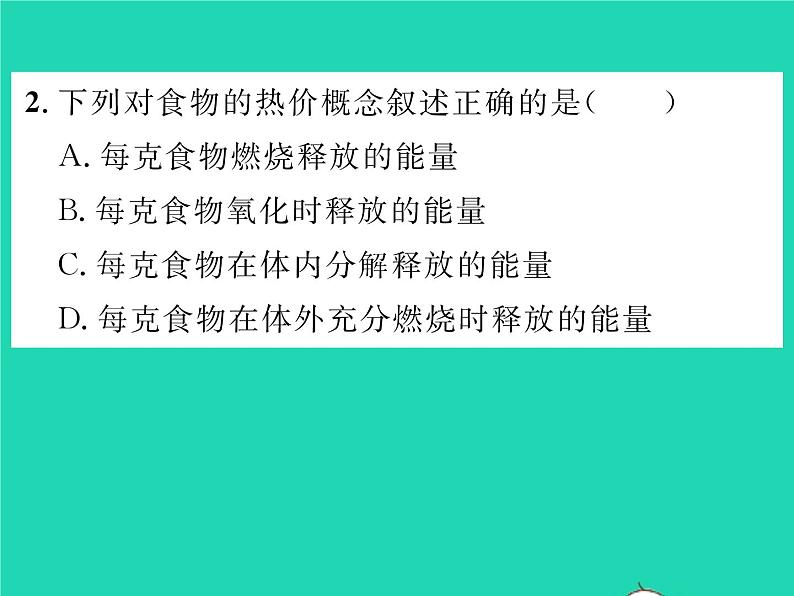2022七年级生物下册第10章人体的能量供应第1节食物中能量的释放习题课件新版北师大版第5页
