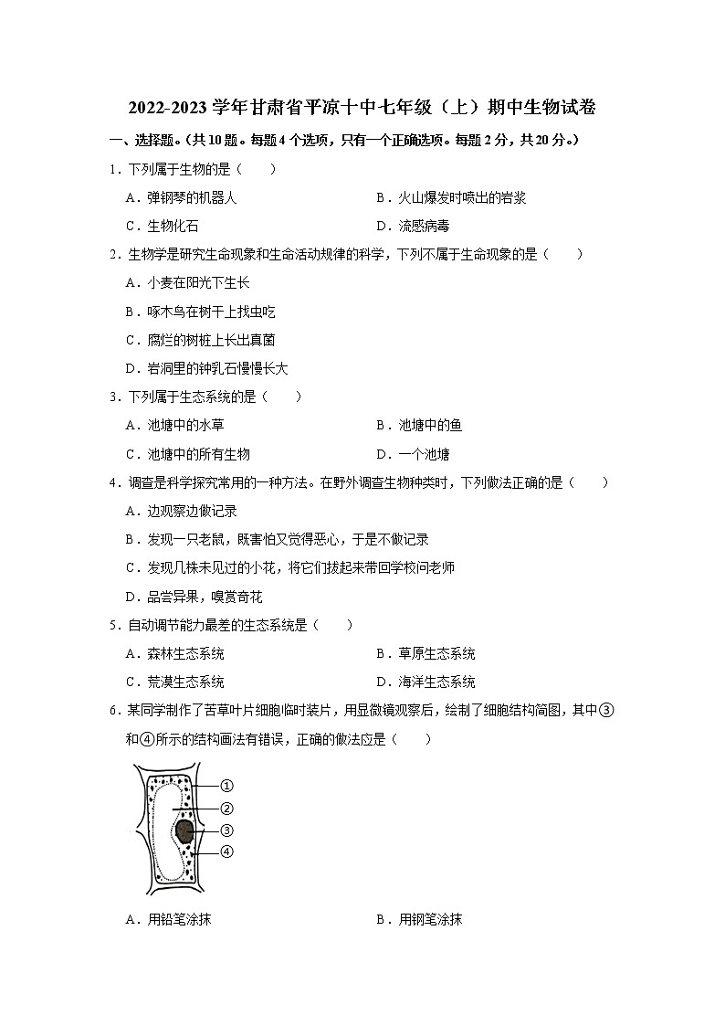甘肃省平凉市第十中学2022-2023学年七年级上学期期中生物试卷 (含答案)01