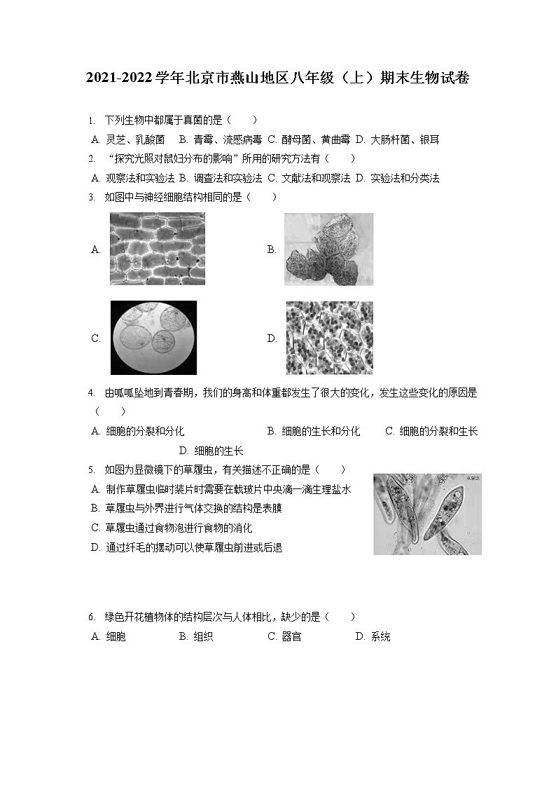 2021-2022学年北京市燕山地区八年级(上)期末生物试卷(含答案解析)第1页
