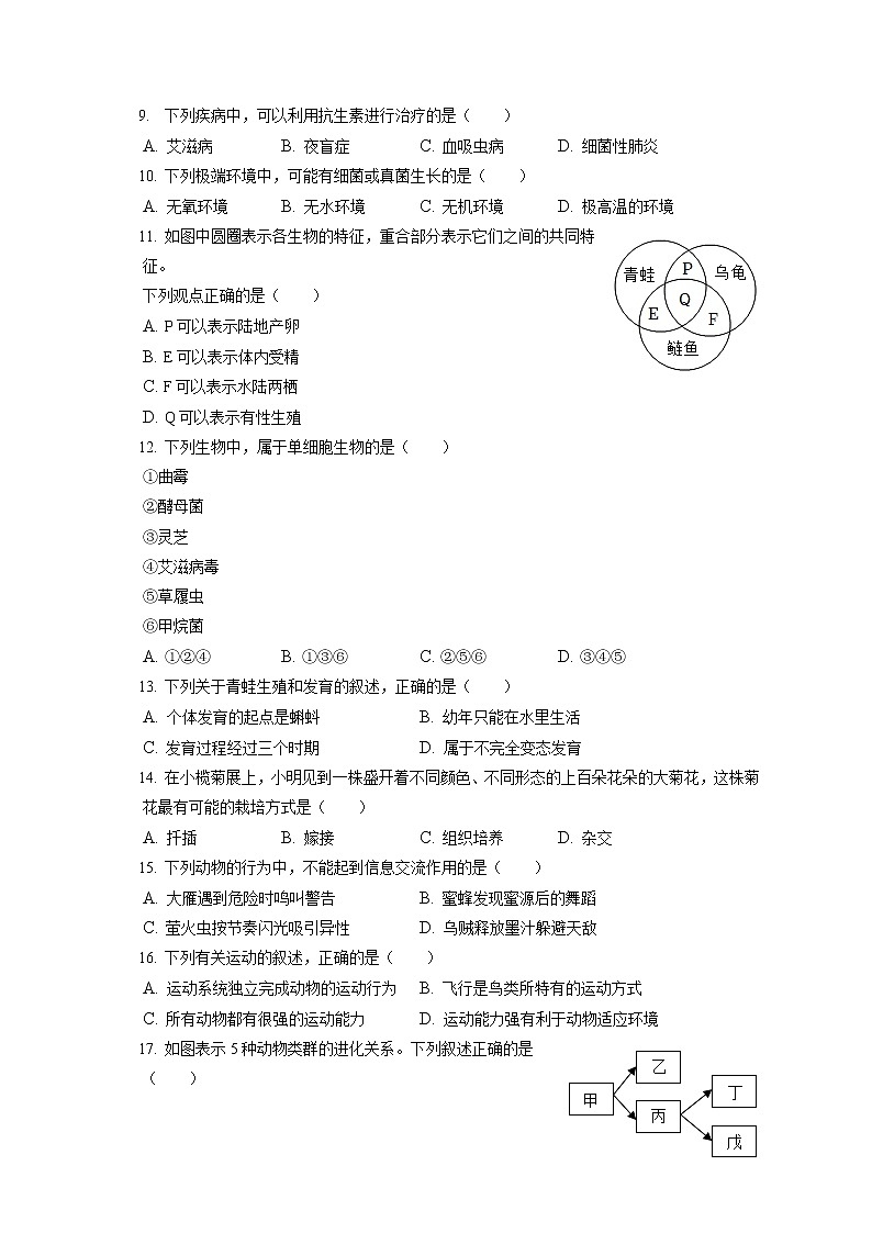 2021-2022学年福建省福州市马尾区琅岐中学八年级(上)期末生物试卷(含答案解析)02