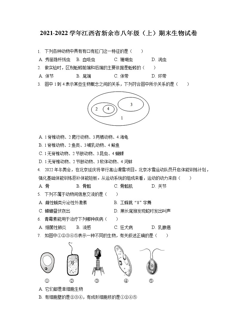 2021-2022学年江西省新余市八年级(上)期末生物试卷(含答案解析)第1页