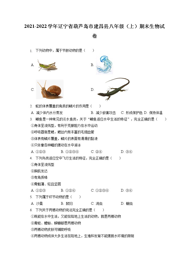 2021-2022学年辽宁省葫芦岛市建昌县八年级(上)期末生物试卷(含答案解析)01
