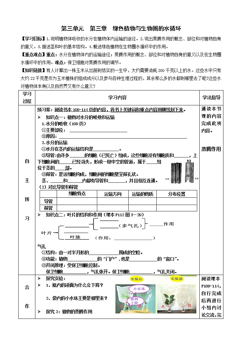 2022-2023学年度七年级第一学期生物同步课程3.3 绿色植物与生物圈的水循环 导学案01