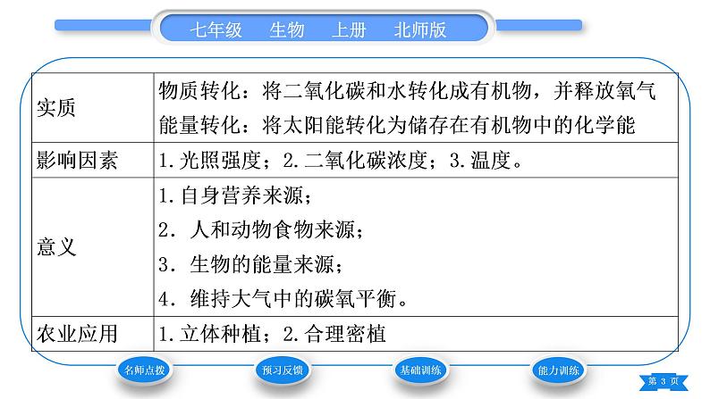 北师大版七年级生物上第3单元生物圈中的绿色植物第5章绿色开花植物的生活方式第2课时叶片的结构和光合作用的概念、意义和应用习题课件第3页