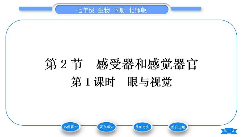 北师大版七年级生物下第4单元生物圈中的人第12章人体的自我调节第2节感受器和感觉器官第1课时眼与视觉习题课件01