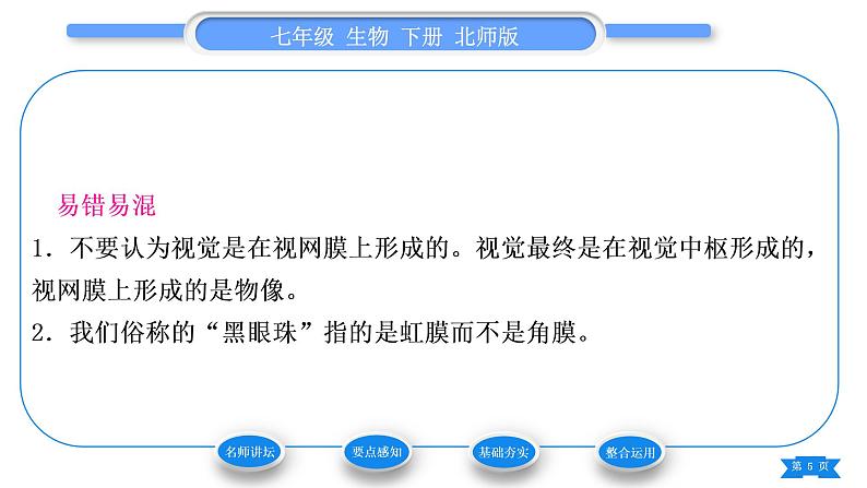 北师大版七年级生物下第4单元生物圈中的人第12章人体的自我调节第2节感受器和感觉器官第1课时眼与视觉习题课件05