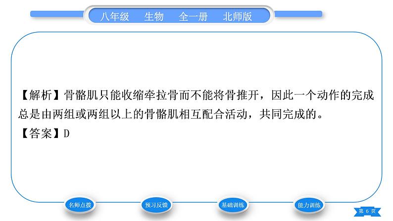 北师大版八年级生物上第5单元生物圈中的动物和微生物第15章动物的运动第2节动物运动的形成第2课时骨骼、骨骼肌以及运动的形成习题课件第6页