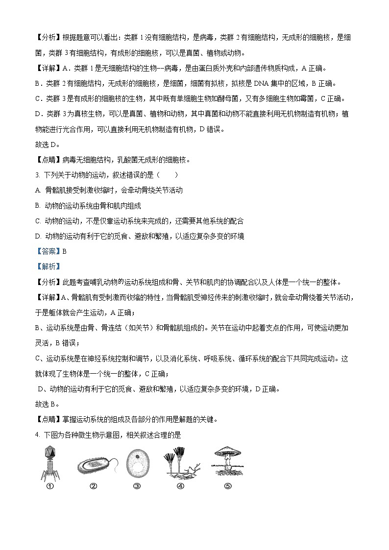 精品解析:福建省福州市第十八中学2021-2022学年八年级上学期期末生物试题(解析版)第2页
