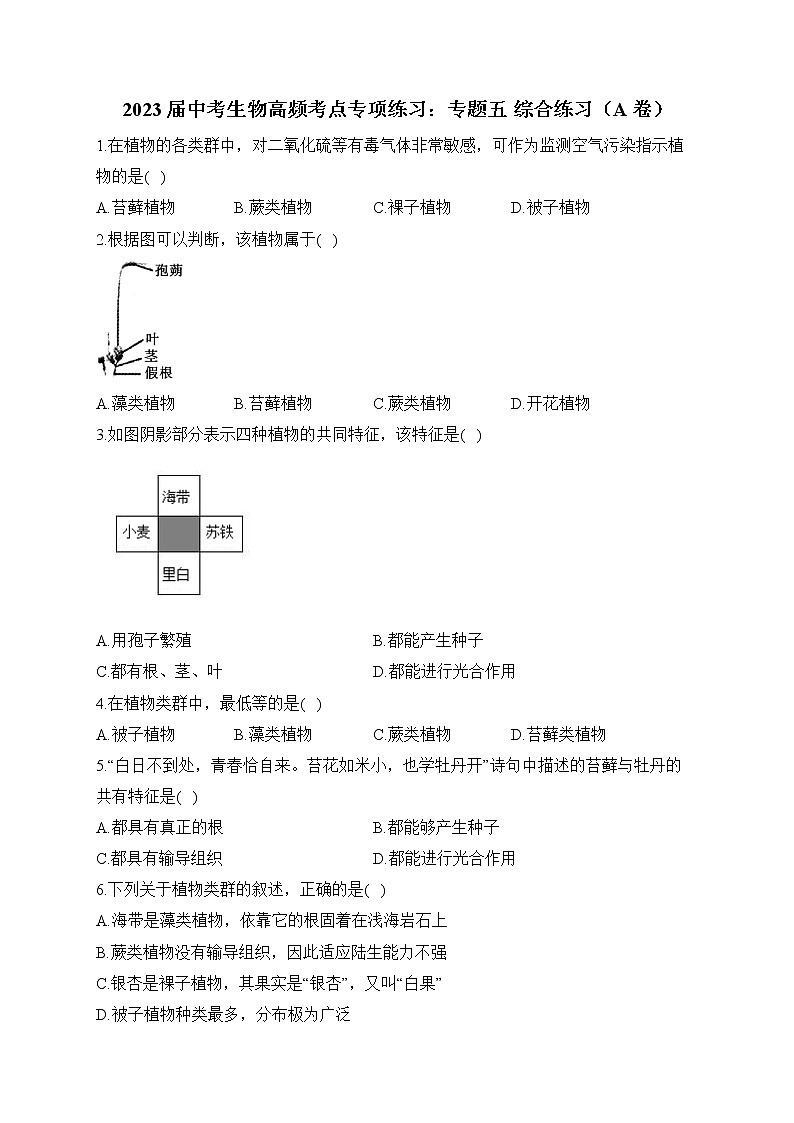 2023届中考生物高频考点专项练习:专题五 综合练习(A卷)第1页