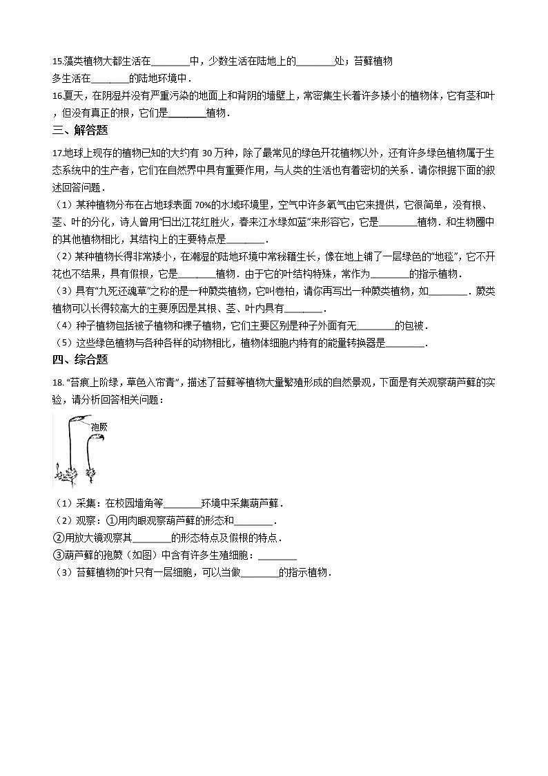 冀教版七年级上册生物 1.3.3藻类植物 同步测试与解析02