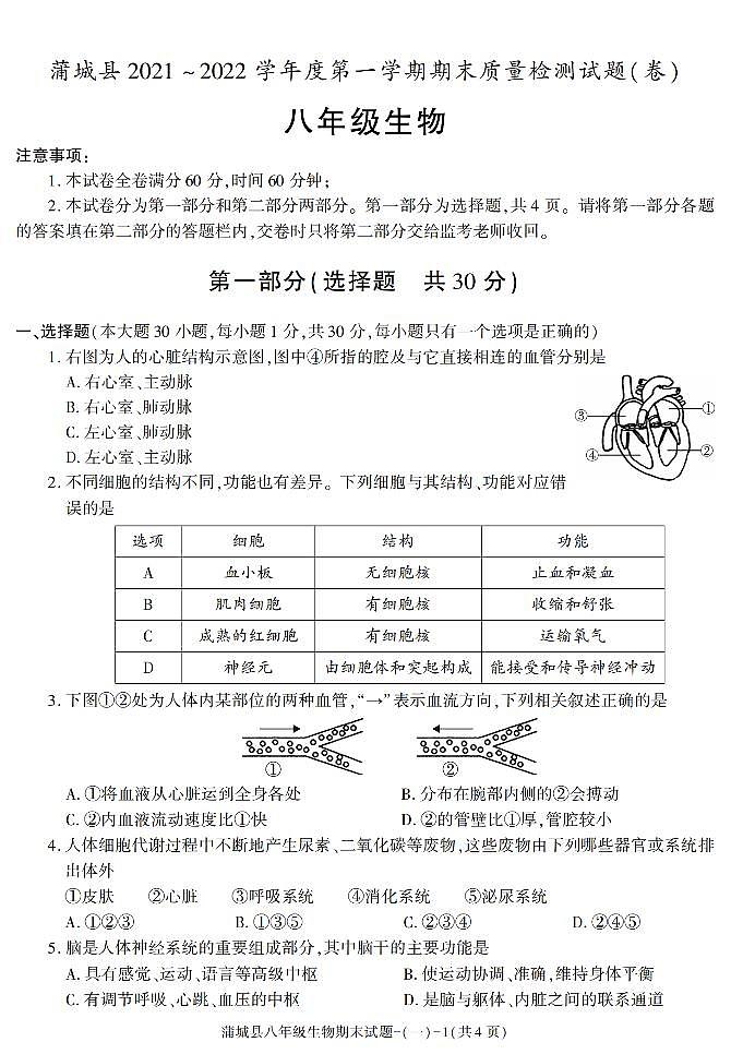 陕西省渭南市蒲城县2021-2022学年八年级上学期期末考试生物试题第1页