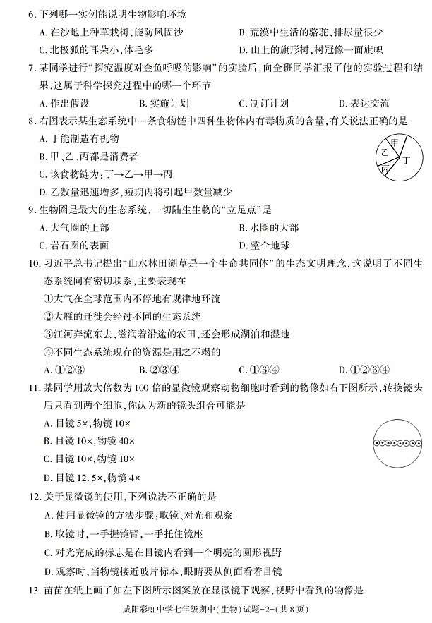 陕西省咸阳彩虹中学2021-2022学年七年级上学期期中考试生物试题第2页