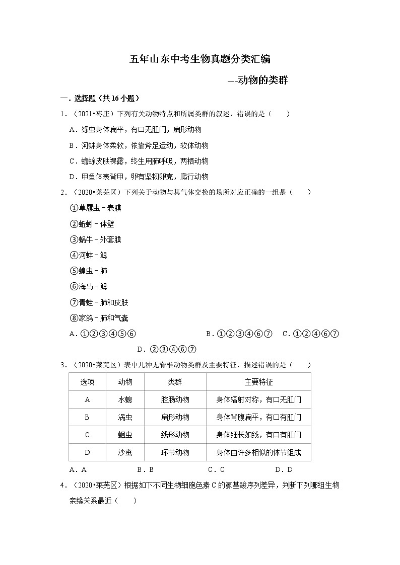 五年山东中考生物真题分类汇编---动物的类群第1页