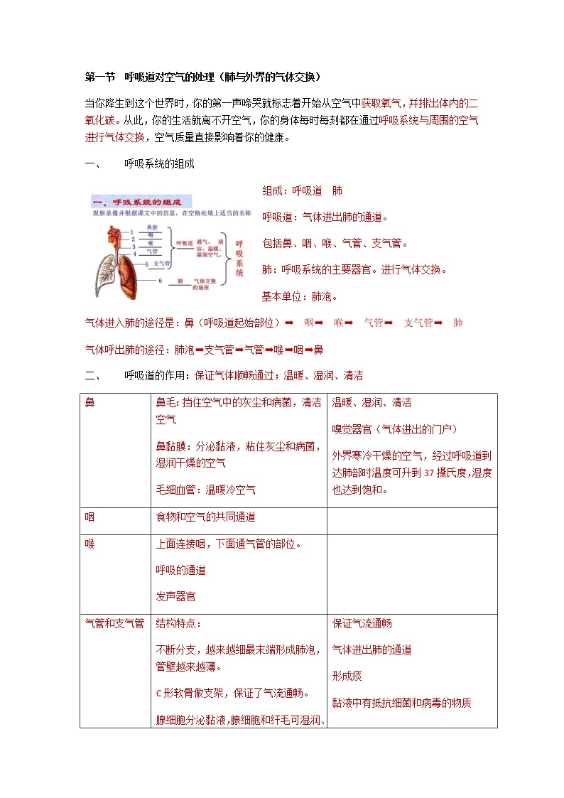 人教版生物七年级下册第四单元第三章第一节《呼吸道对空气的处理》知识点