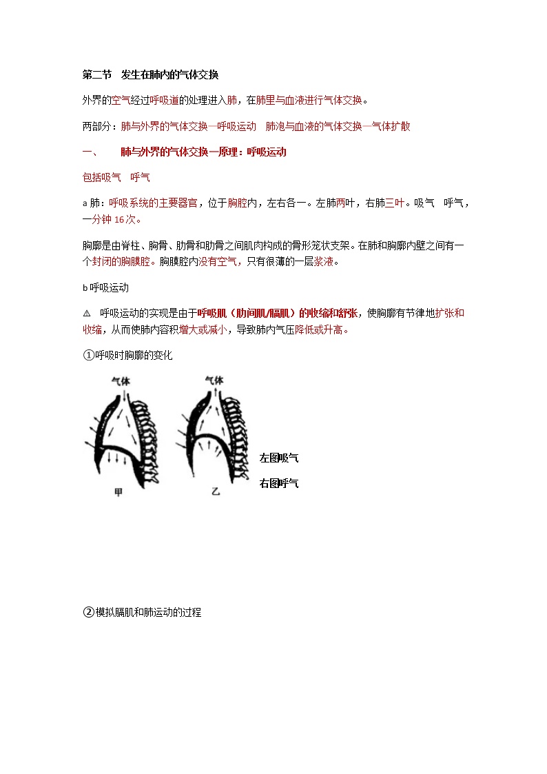 人教版生物七年级下册第四单元第三章第二节《发生在肺内的气体交换》知识点