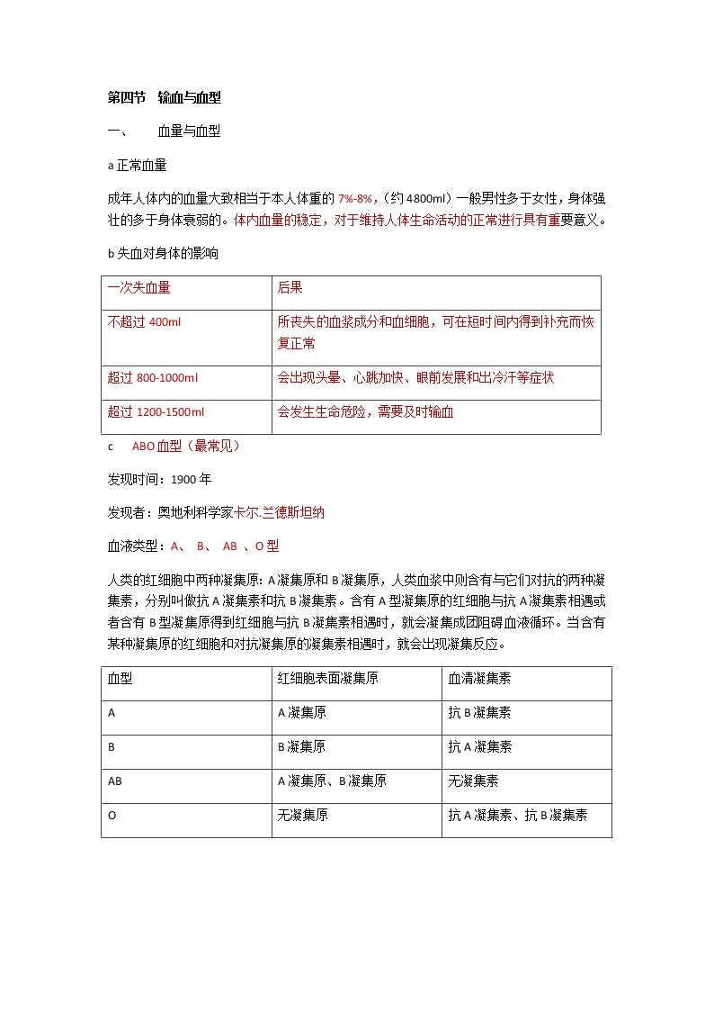 人教版生物七年级下册第四单元第四章第四节《输血与血型》知识点