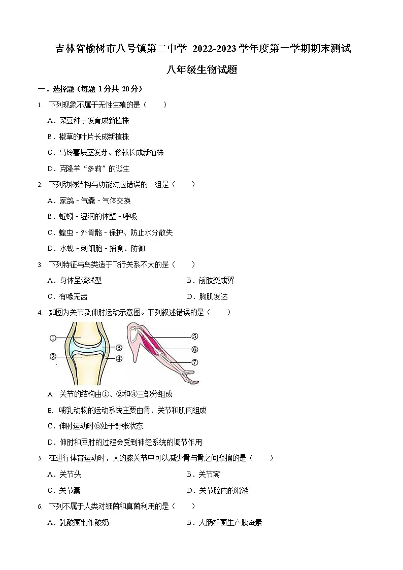 吉林省榆树市八号镇第二中学2022-2023学年八年级上学期期末生物试题(含答案)第1页