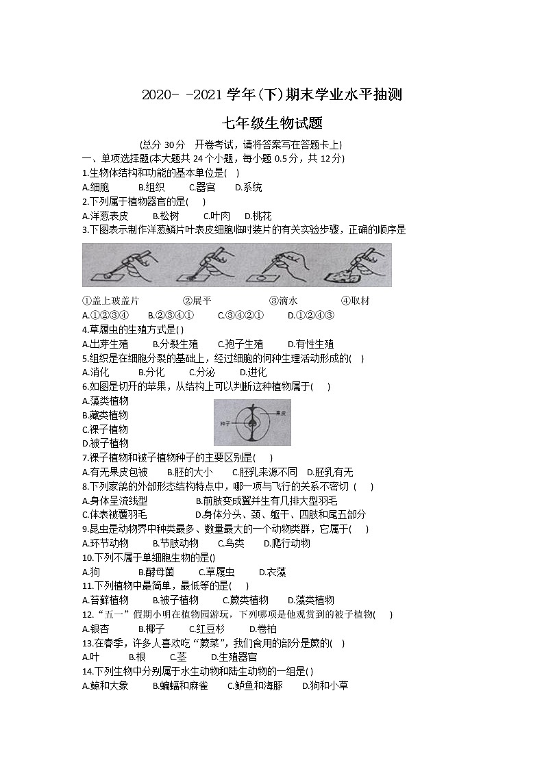 宁夏固原市原州区2020-2021学年七年级下学期期末考试生物试卷第1页
