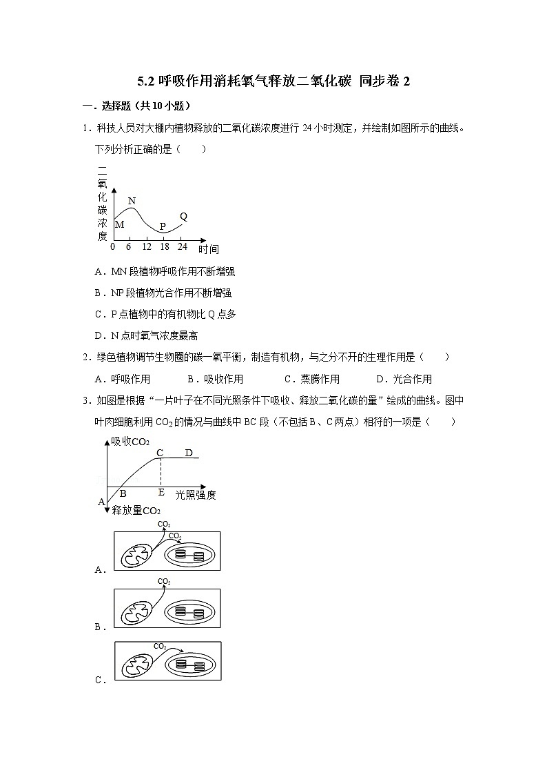 2023年春鲁科版(五四制)六年级下册生物 5.2呼吸作用消耗氧气释放二氧化碳 同步卷201
