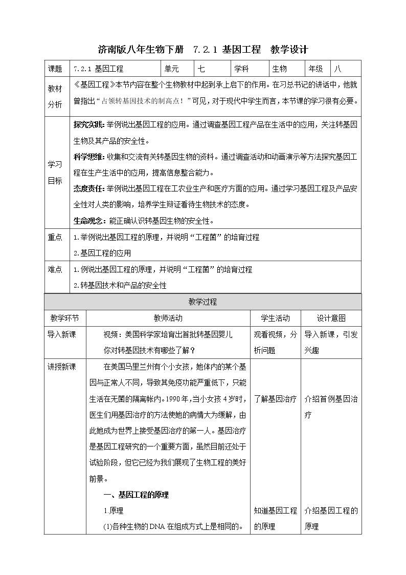 济南版生物八下7.2.1 基因工程  课件+教案+学案+素材01