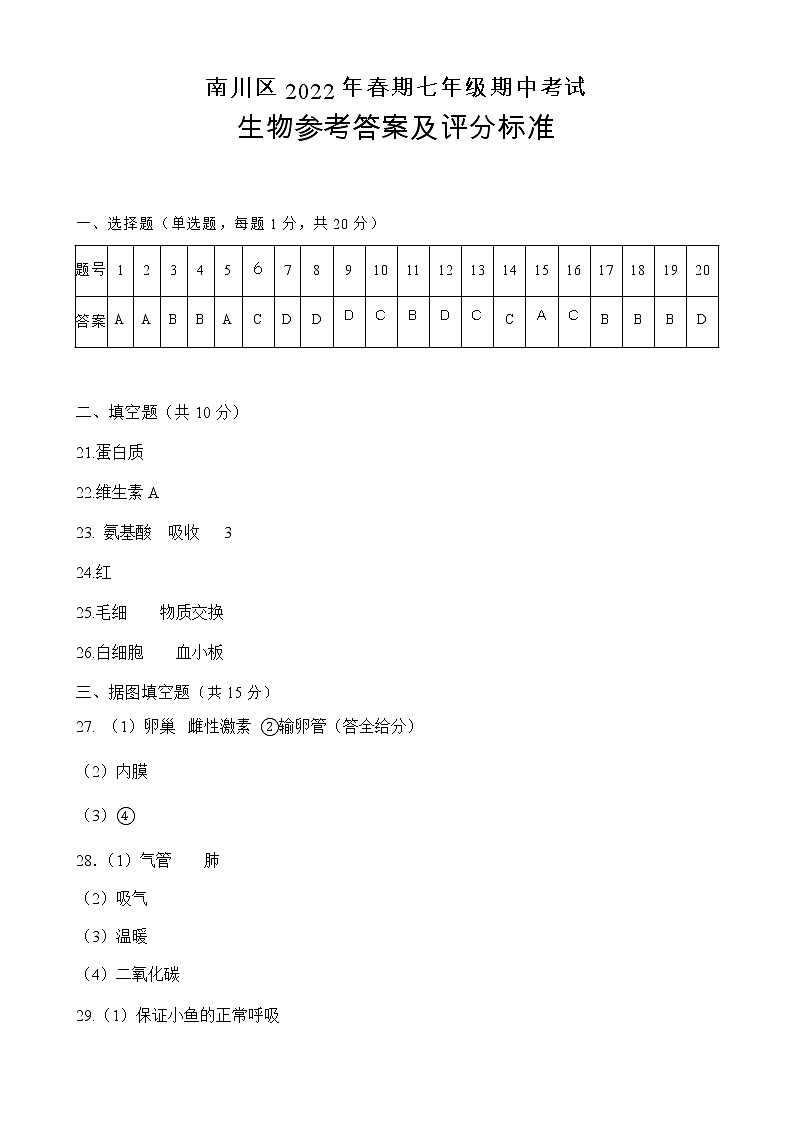 重庆市南川区2021-2022学年七年级下学期期中考试生物试题答案01