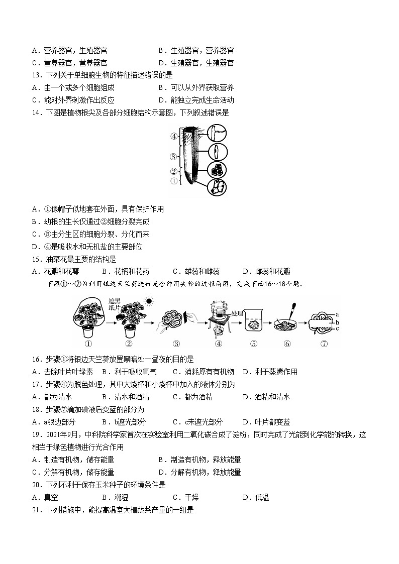 福建省三明市永安市2022-2023学年七年级上学期期末生物试题(含答案)02