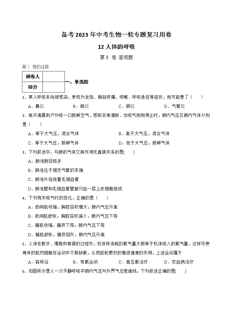 初中生物中考复习 【人教版】2023届中考一轮复习专用训练卷— 专题12 人体的呼吸 (含解析)01
