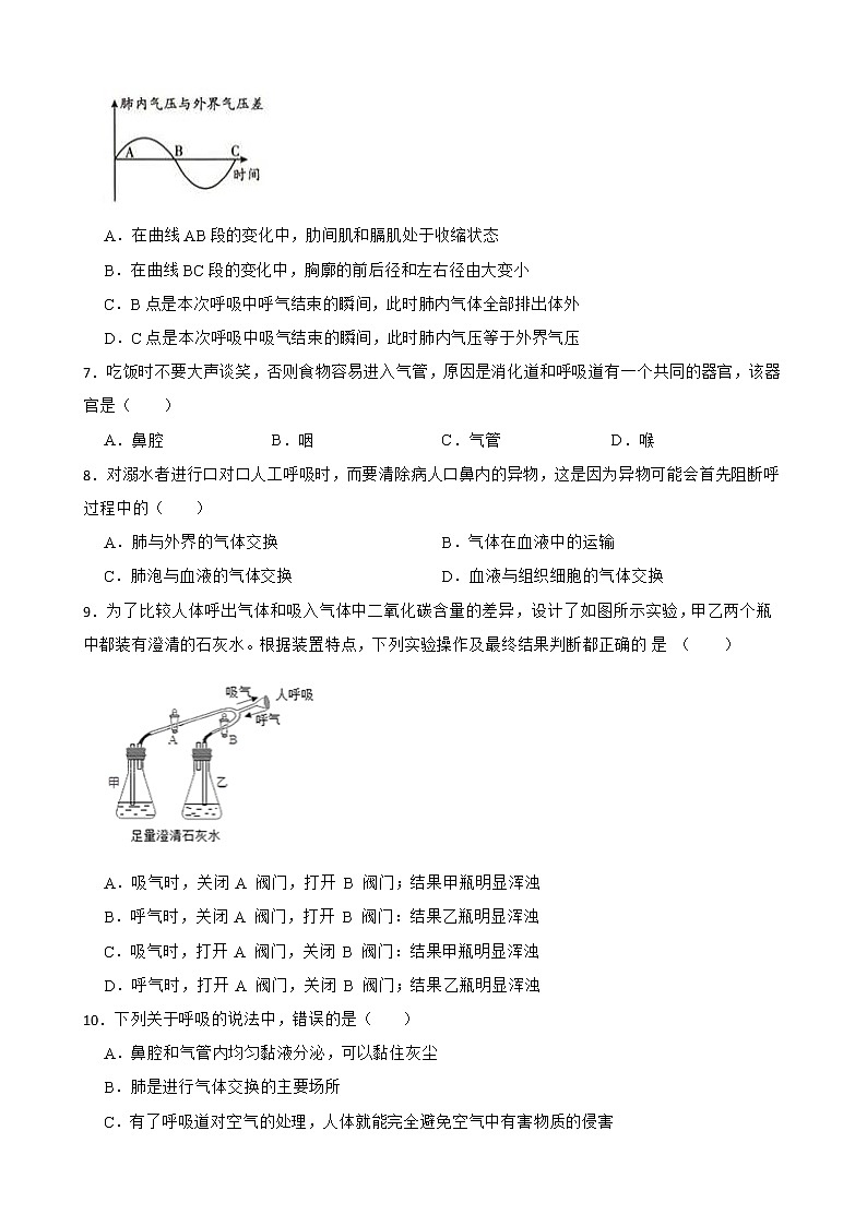 初中生物中考复习 【人教版】2023届中考一轮复习专用训练卷— 专题12 人体的呼吸 (含解析)02