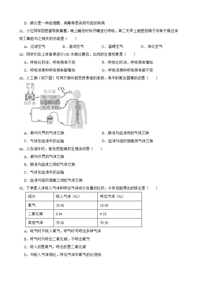 初中生物中考复习 【人教版】2023届中考一轮复习专用训练卷— 专题12 人体的呼吸 (含解析)03