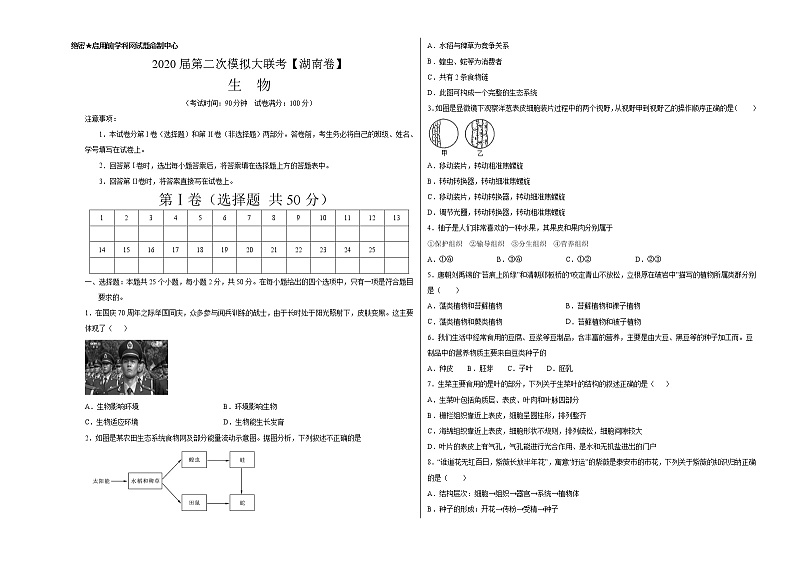 初中生物中考复习 2020年第二次模拟大联考(湖南)-生物(考试版)第1页