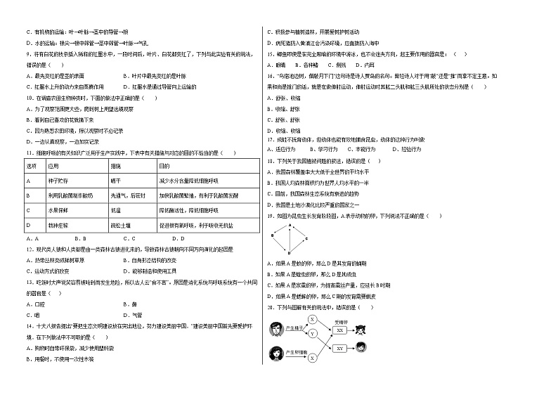 初中生物中考复习 2020年第二次模拟大联考(湖南)-生物(考试版)第2页