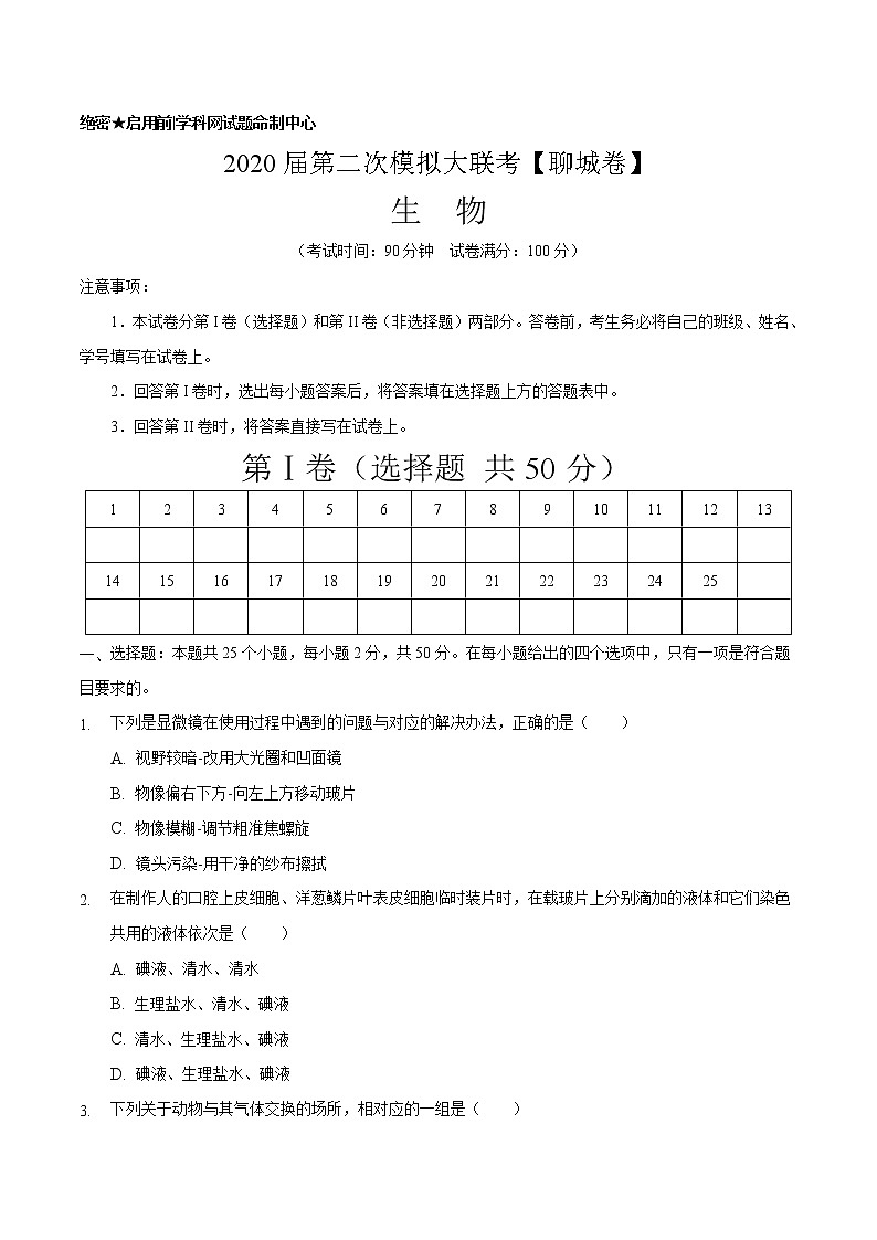 初中生物中考复习 2020年第二次模拟大联考(山东)-生物(A4考试版)第1页