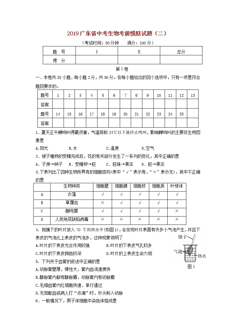 初中生物中考复习 广东省2019中考生物考前模拟试题(二)第1页