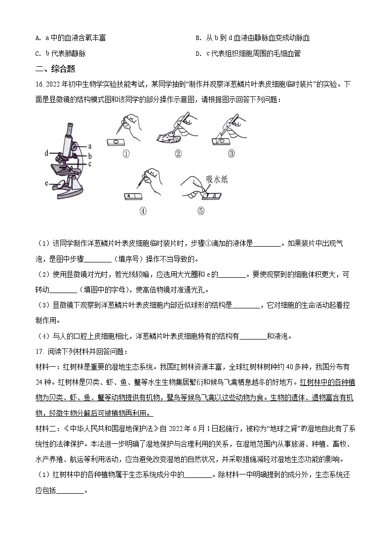 初中生物中考复习 精品解析:2022年广西北部湾经济区中考生物真题(原卷版)03